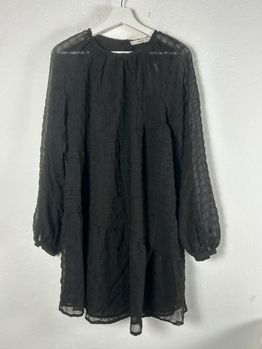 Mango Womens Sheer Black Textured Long Sleeve Flowey Tiered Mini Dress Small New